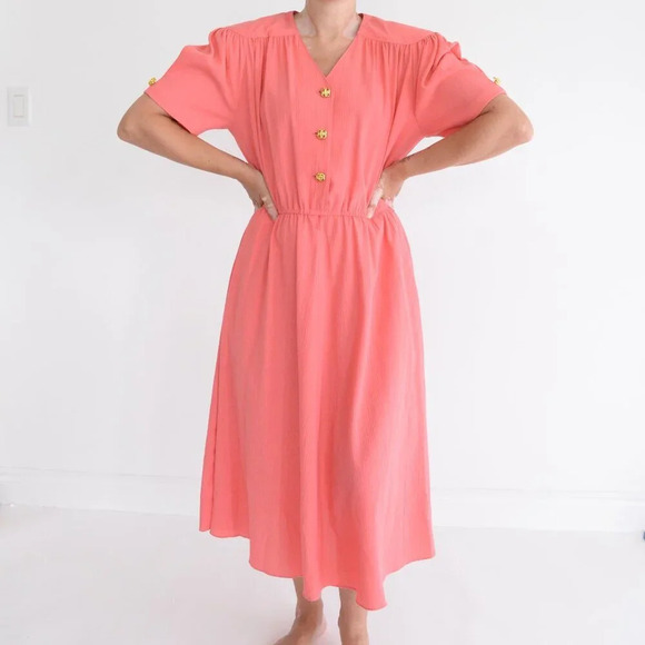 Vintage Cannes Collection Petite Coral Short Sleeve Gold  Button Midi Dress 9/10 - Picture 2 of 13